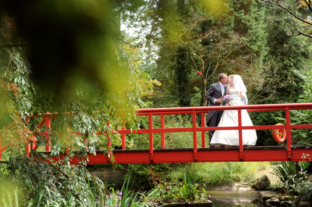 bride, groom, japanese, garden, red bridge, trees, garden