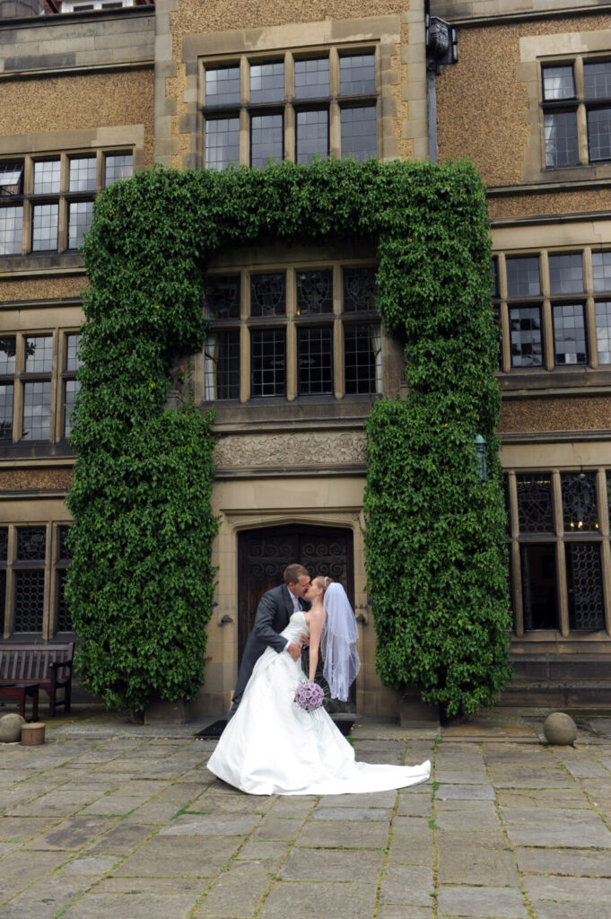 outside shot, fanhams, front door, bride and groom, lean back