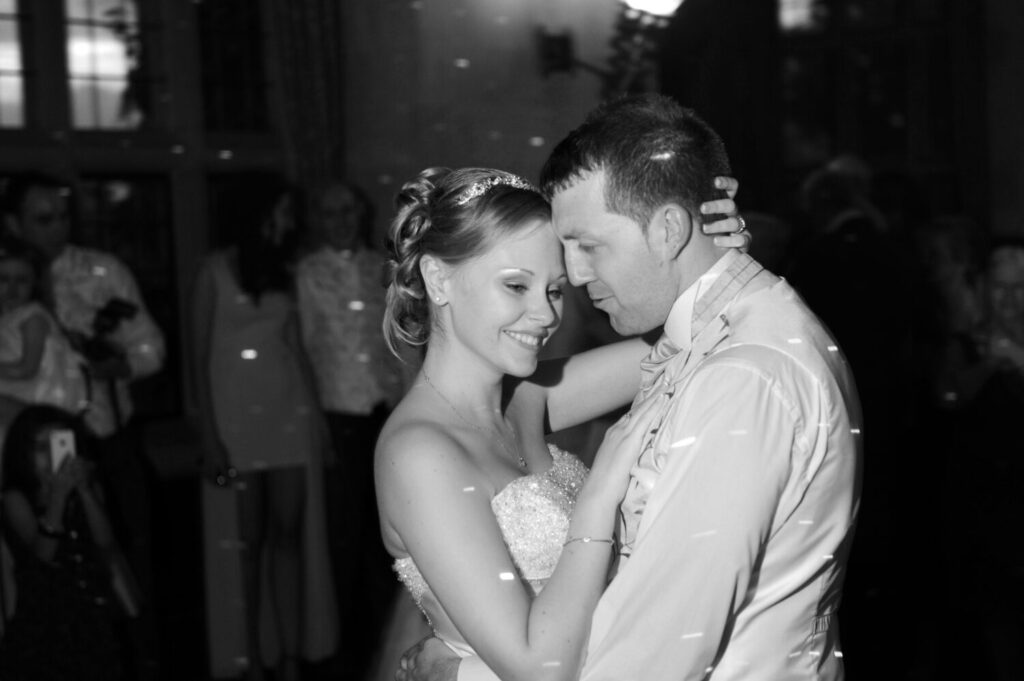 bride & groom first dance, fanhams hall, black and white