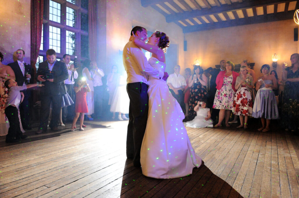 bride and groom first dance, colour, audience, fanhams