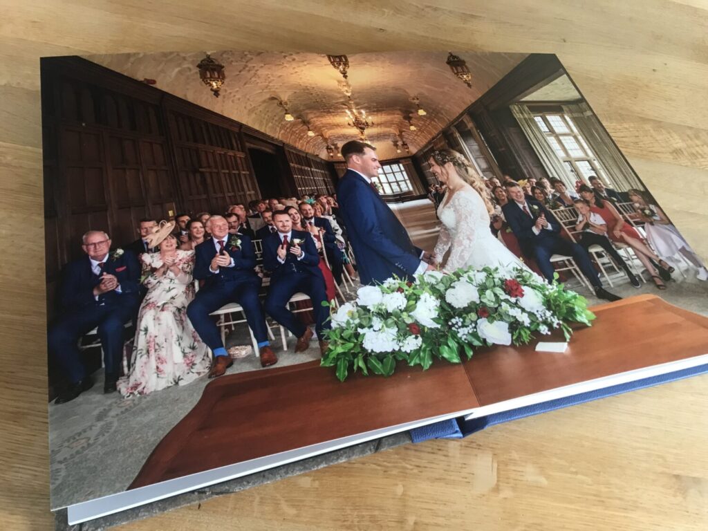 ceremony room, great hall,,lay flat professional photo style printed photograph book, loxley, royal blue finish
