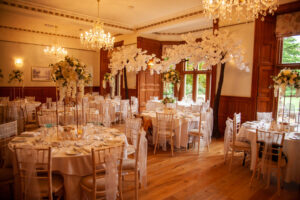 holmewood hall, wedding room, wedding breakfast, set up, white theme, chandeliers, wood, tudor gothic mansion