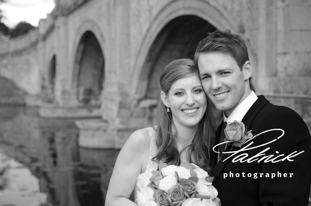 bride and groom bridge lake brocket hall black and white