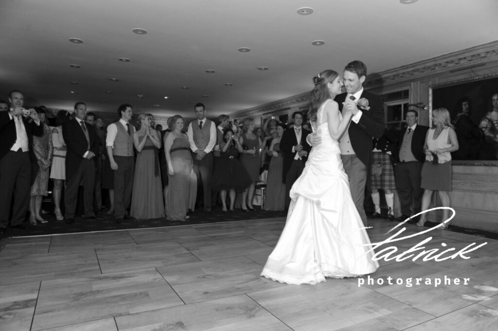 brocket hall black and white Alex and Tim first dance