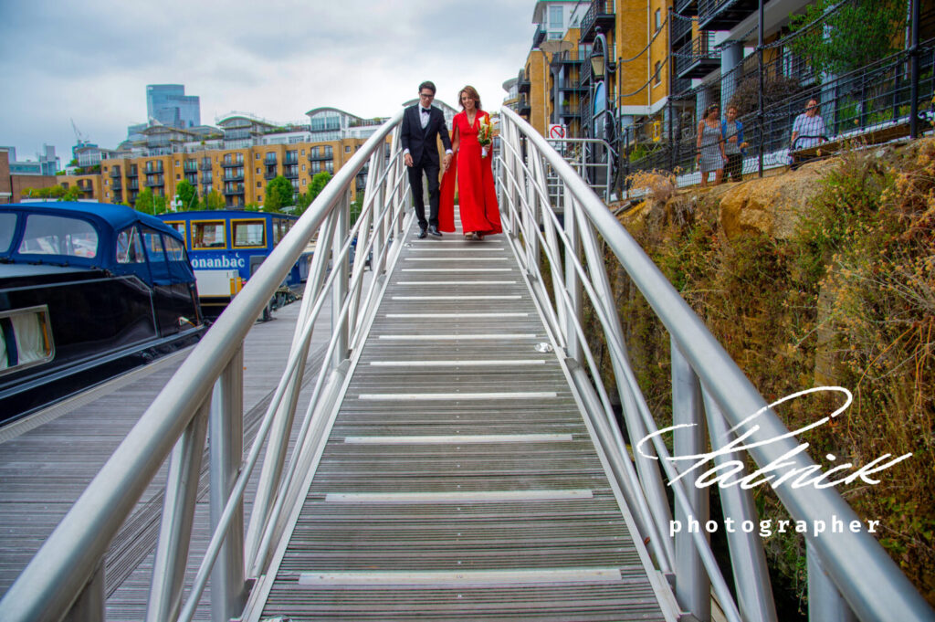 bride and groom at London Tower Bridge docks