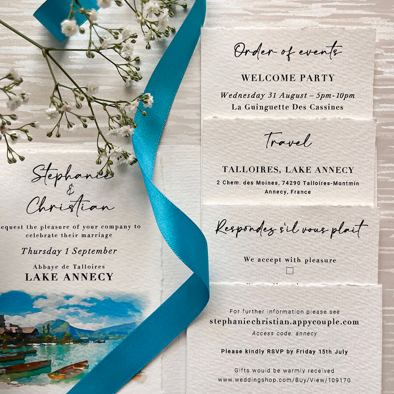 stephanie and christian, full range of invitations, flowers and blue ribbon to decor