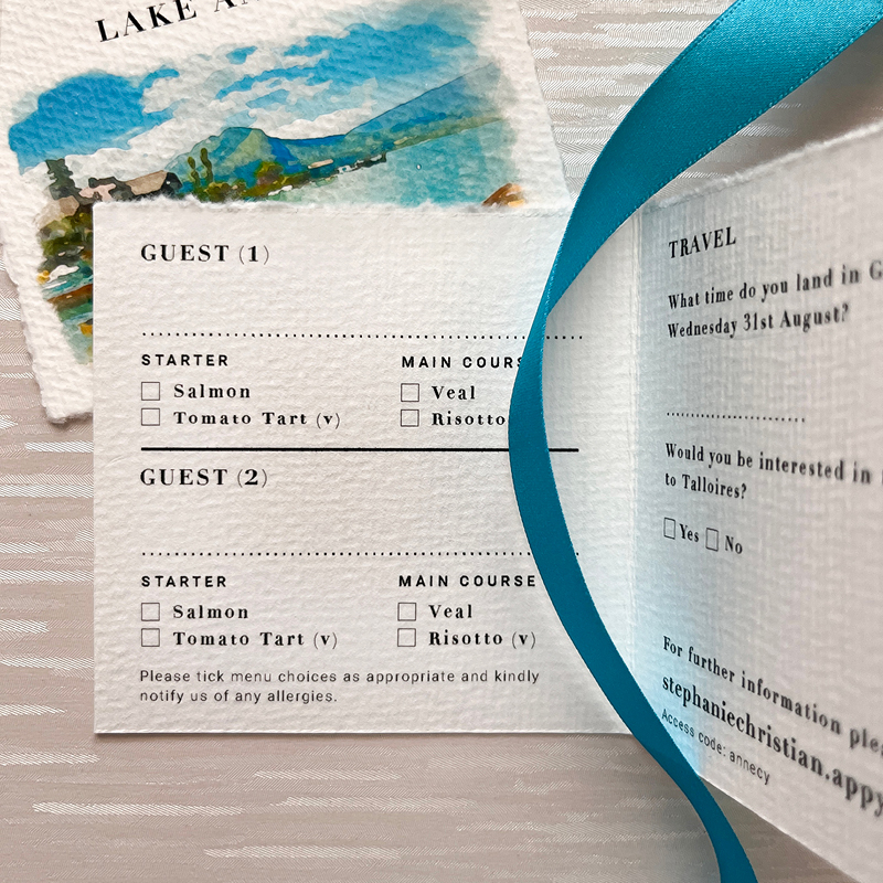 wedding stationery, menu plan, by guest, blue ribbon decor