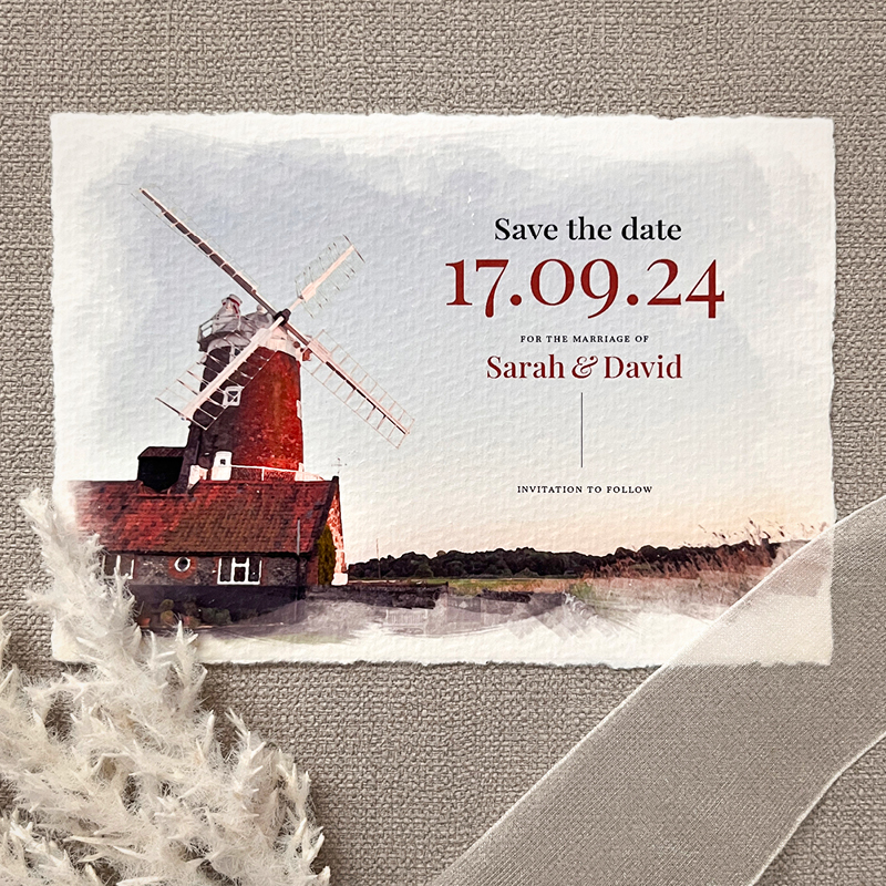 wedding stationery, save the date, Sarah and david, windmill, water painting