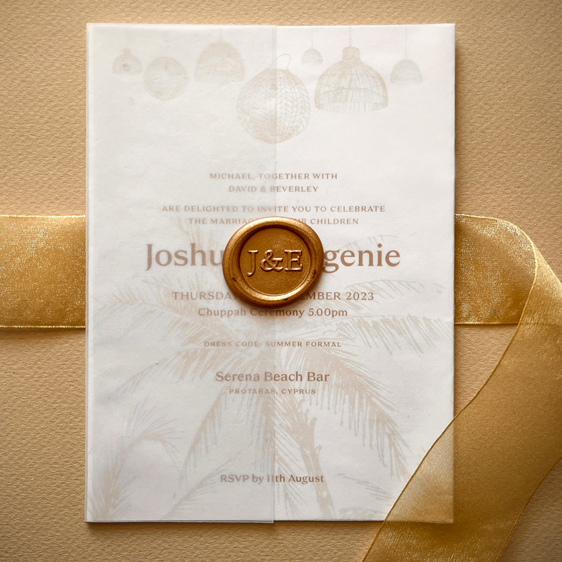 wedding stationery, white paper, gold ribbon, Joshua eugenie