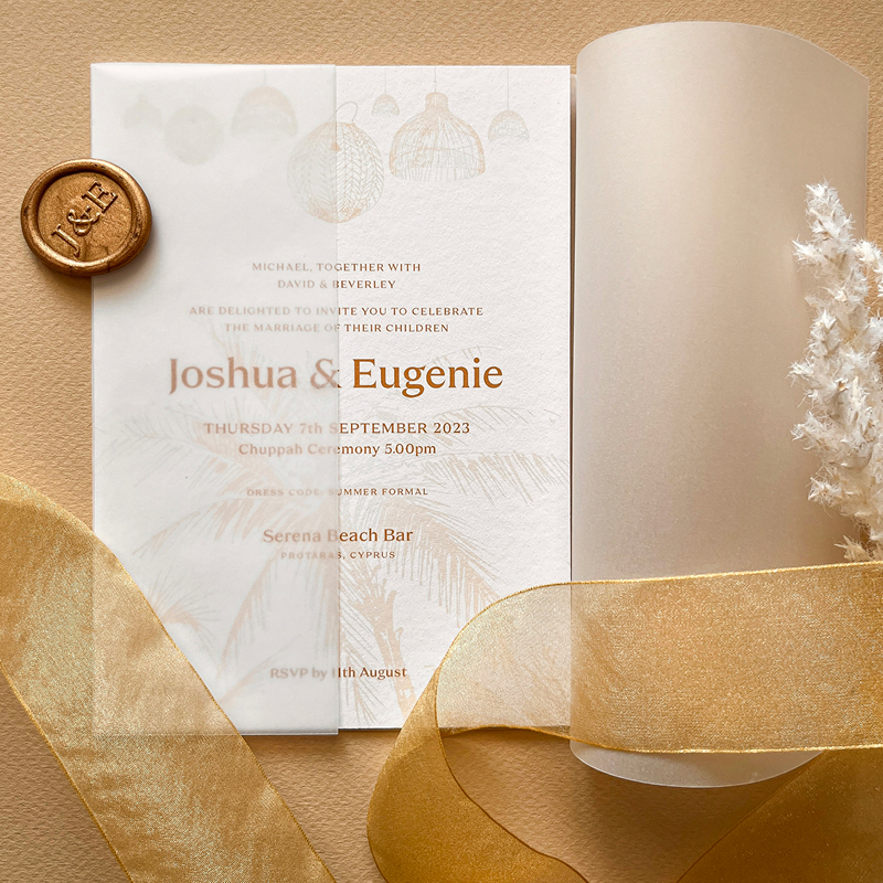 gold on white theme wedding stationery, decor gold ribbon, white feather, seal