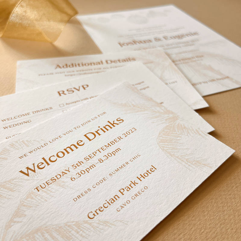 wedding stationery, bespoke design, welcome drinks, rsvp, fanned layour