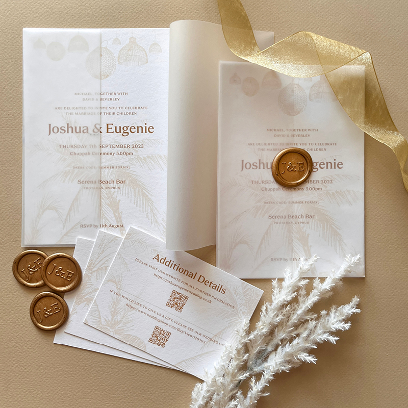 range of bespoke wedding stationery design gold on white, seal, feathers