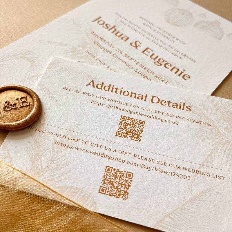 white card, gold theme on white, additional wedding info sample, seal