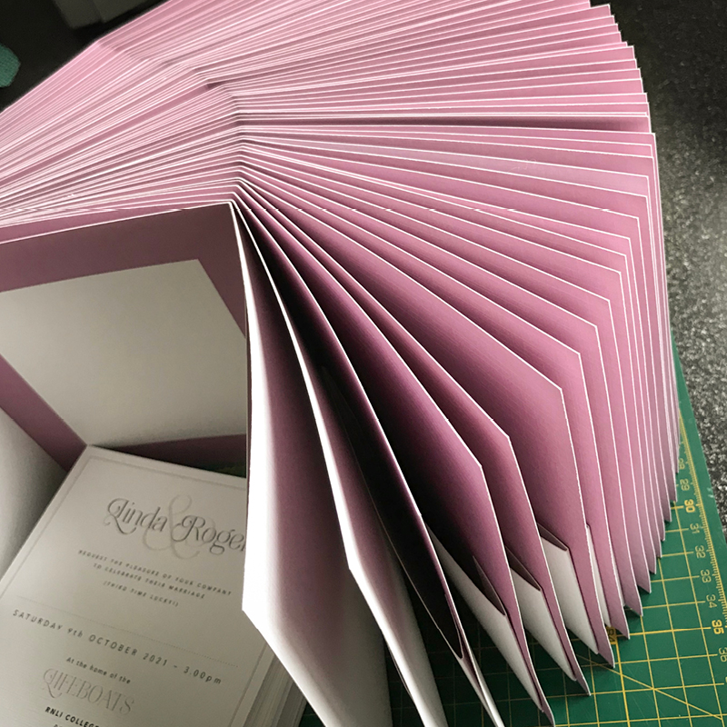 close up of fanned pink page samples