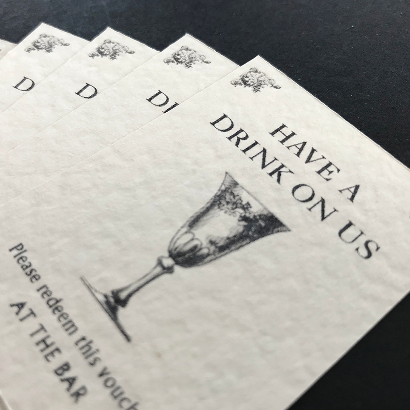 wedding stationery, have a drink on us, black ink, texture paper