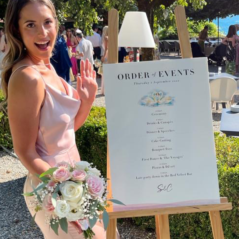 bridesmaid standing next to easel showing order of events