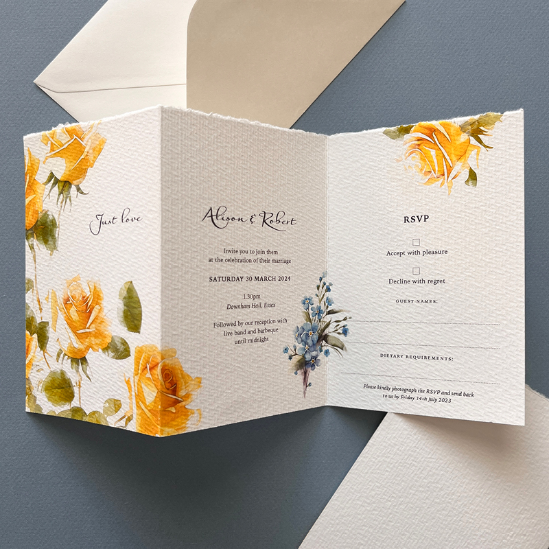 wedding stationery three fold design showing all sides slightly concertina fold. yellow and green flowers prominent and words Just Love