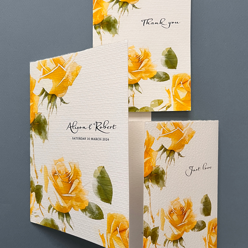 full set wedding stationery, white material, printed flowers, unique typography