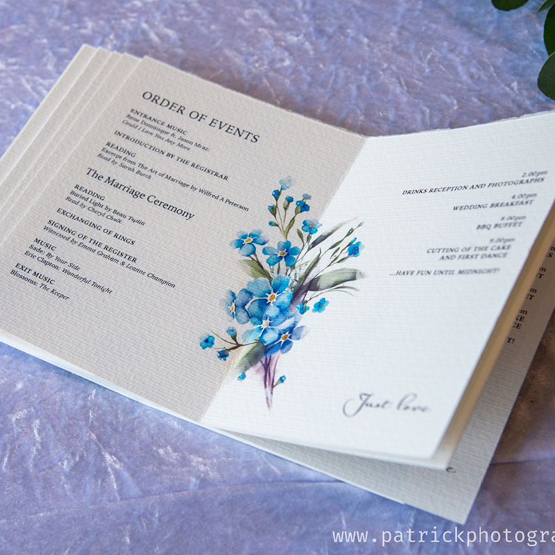 alison and rob order of service double page spread with floral tribute and words just love adorn bottom right