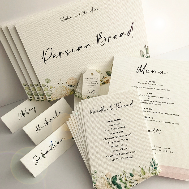 wedding stationery, Stephanie and christian, full range, menu, name cards