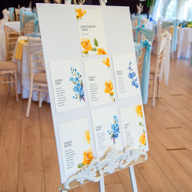 wedding stationery, board, names, stand, wedding tables in background, alison rob clients