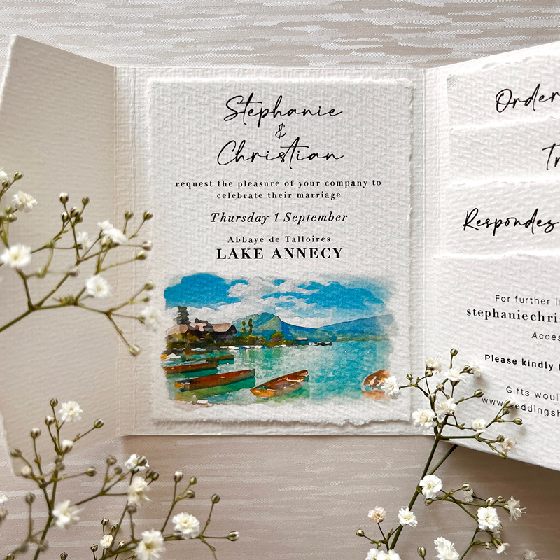 stephanie and christian, lake Annecy, sea scape, wedding stationery close up