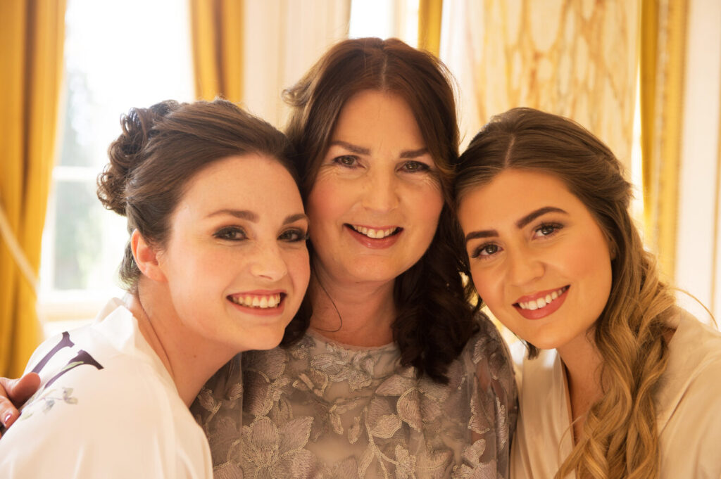 bride, mother of the bride, bridesmaid, close up headshot, smiling, bridal prep