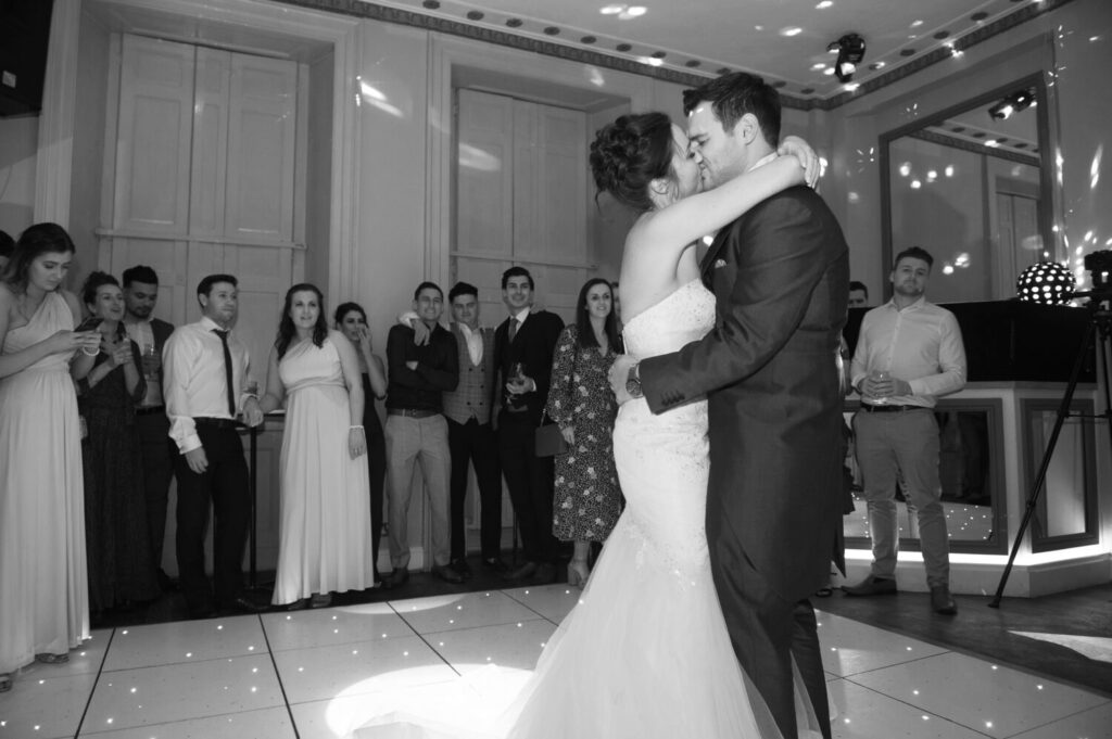 bride and groom first dance, black and white image