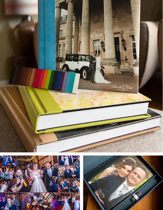 books showing album packages, colour swatches, album open, layflat design, book in box, usb, ribbon